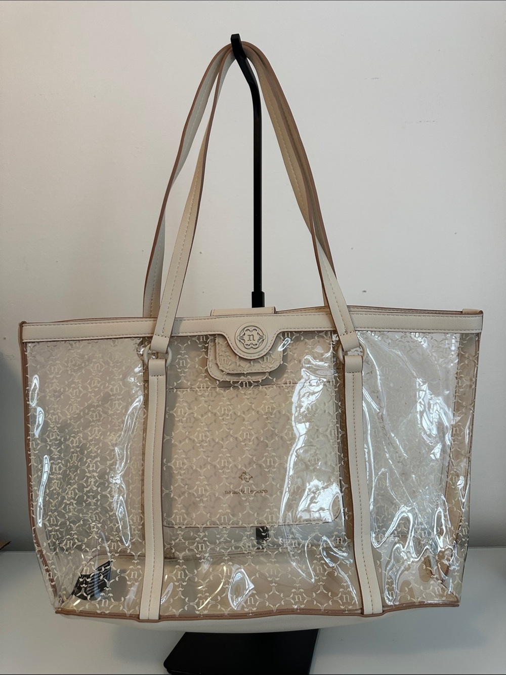 Nanette Lepore Clear Tote Bag Transparent Beach Pool Shopper Cream Large